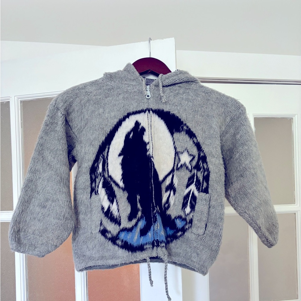 100% Alpaca Wool zip up hooded cardigan with howling wolf